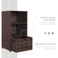 Outsunny Outdoor Storage Cabinet, Patio Storage Box Rack Rattan Wicker Pool Towel Valet Organizer Poolside Garden Lawn Bathroom Furniture Shelf w/ Shelf Drawer, Mixed Brown(m-6)