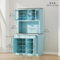 HOMCOM 71" Pantry Cabinet with Microwave Space, Buffet with Hutch, 2 Drawers, Adjustable Shelves and Glass Doors, Blue(m-3)