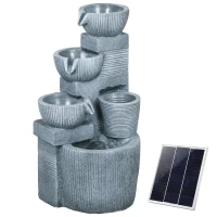 Outsunny Solar Powered Outdoor Water Fountain, 4-Tier Floor Standing Resin Cascading Bowls Waterfall Fountain with LED Lights(m-9)