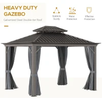 Outsunny 10' x 12' Hardtop Gazebo with Curtains and Netting, Permanent Pavilion Metal Double Roof Gazebo Canopy with Aluminum Frame and Hooks, for Garden, Patio, Backyard, Charcoal Gray(m-4)