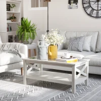HOMCOM Coffee Table with Tempered Glass Tabletop, Living Room Table with Wood Frame and Underneath Storage Shelf, White Oak(m-10)