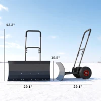 Outsunny Snow Shovel with Wheels, 29" x 16.5" Metal Snow Pusher with Adjustable Handle, 5-Angle Blade for Driveway, Black(m-3)