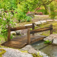 Outsunny 7.5' Wooden Garden Bridge with Planters, Stained Finish Arc Footbridge with Safety Railings for Backyard, Pond Stream, Stained Wood(m-9)