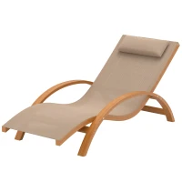 Outsunny Outdoor Wood Chaise Lounge Chair Recliner Patio Camping with Headrest, Teak & Light Khaki(m-2)