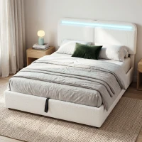 HOMCOM Queen Size Bed Frame with Charging Station, LED Lights, Adjustable Headboard, Upholstered Platform Bed Frame White(m-8)