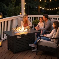 Outsunny Propane Gas Fire Pit Table, Outdoor Firepit with 43" Steel Tabletop and Lid, 50,000 BTU Pulse Ignition Fire Table w/ Stainless Steel Burner, Glass Wind Guard, and Cover(m-9)
