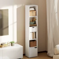 HOMCOM 6-Tier Bookcase, Tall Narrow Bookshelf with Drawer and Door, White(m-8)