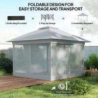 Outsunny 12' x 12' Foldable Pop-up Party Tent Instant Canopy Sun Shade Gazebo Shelter Steel Frame Oxford w/ Roller Bag, Light Grey(m-5)