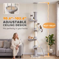 PawHut 90.6" -102.4" Floor-to-Ceiling Cat Tree Adjustable Height with 3-Rod Support, 5-Level Cat Tower, Light Gray(m-5)