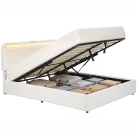 HOMCOM Queen Size Bed Frame with Charging Station, LED Lights, Adjustable Headboard, Upholstered Platform Bed Frame White(m-13)