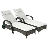 Outsunny 2 Reclining Chaise Lounge Chairs, Rolling Outdoor Chairs with Cushion, Pillow, Headrest, Armrests, and Wheels, Cream(m-11)