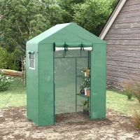 Outsunny Walk-in Mini Greenhouse with Mesh Door & Windows, Portable Garden Green House with 3 Tier Shelves, Green(m-8)