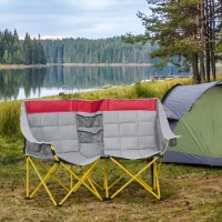 Outsunny 62" W Double Seat Camping Chair Folding Lawn Loveseat w/ Storage Pocket & Cup Holder Compact in a Bag for Outdoor, Beach, Picnic, Hiking, Travel, Red(m-8)