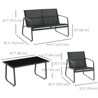 Outsunny 4 Piece Patio Furniture Set, Outdoor Conversation Set with Loveseat Sofa, Armchairs, Glass Top Coffee Table, Black(m-3)