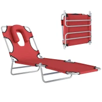 Outsunny Folding Lounge Chair Outdoor, Tanning Chair with Face Hole Arm Slots, Beach Chaise Lounger with Pillow, 5-Position Adjustable Portable Sun Lounger Bed for Pool, Red(m-2)