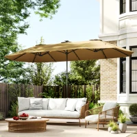 Outsunny 13ft Double-Sided Market Umbrella, Large Patio Umbrella with Solar Lights, Crank Handle for Garden, Pool, Yard, Khaki(m-9)