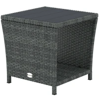 Outsunny 17.7" Wicker Side Table with Storage Shelf, Square PE Rattan Outdoor End Table with PS Wood Slat Top, Grey(m-2)