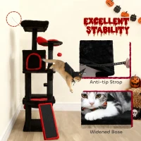 PawHut Gothic Cat Tree, 60" Tall Cat Tower with Coffin Bed,  Sisal Scratching Posts & Ramp, Condo, Hammock, Perches, Black(m-7)