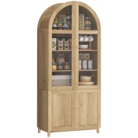 HOMCOM Arched Kitchen Pantry Cabinet, 71" Tall Farmhouse Kitchen Storage Cabinet with Acrylic Glass Doors, Oak(m-11)