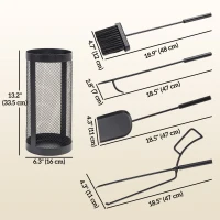 Outsunny Fireplace Tool Set with Mesh Basket, 5 Piece Fire Place Kit with Brush, Shovel, Poker, Tongs for Indoor Outdoor Use(m-3)