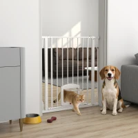 PawHut 29.5-33.5" Adjustable Dog Gate with Cat Door, Easy Install Pressure/Hardware Mounted Pet Gate for Doorways, White(m-8)