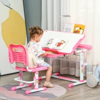Qaba Kids Desk and Chair Set, Height Adjustable School Study Table and Chair, Student Writing Desk with Tilt Desktop, LED Light, Pen Box, Drawer, Reading Board, Cup Holder, and Pen Slots, Pink(m-2)
