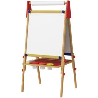 Qaba 3 in 1 Easel for Kids with Paper Roll, Whiteboard, Chalkboard, Double Sided & Adjustable Height, Nature Wood(m-1)