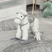Qaba Kids Rocking Horse with Bear Toy, Plush Animal Rocker with Fun Realistic Sounds for Toddler 18-36 Months, White(m-10)