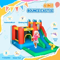 Outsunny Kids Inflatable 6 in 1 Bouncy Castle House Trampoline Slide Water Pool Gun Climbing Wall Basket with Inflator for Kids Age 3-12 Summer 11.5' x 8.8' x 7' Multi-color(m-4)