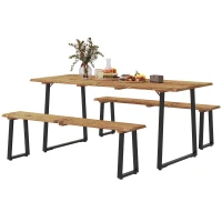 Outsunny Picnic Table and Bench Set for 6 Persons with 2" Umbrella Hole, Slatted Top & Steel Frame, for Party, BBQ, Patio, Lawn(m-2)