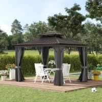 Outsunny 10' x 12' Hardtop Gazebo with Curtains and Netting, Permanent Pavilion Metal Double Roof Gazebo Canopy with Aluminum Frame and Hooks, for Garden, Patio, Backyard, Charcoal Gray(m-10)