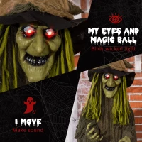 Outsunny 74" Life Size Outdoor Halloween Decorations Talking Zombie Witch, Animated Prop with Sound and Motion Activated Light Up Eyes and Multicolored Crystal Ball, Green(m-7)