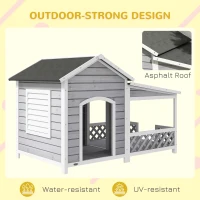 PawHut Wooden Dog House Outdoor with Porch, Cabin Style Raised Dog Shelter with Asphalt Roof, Doors, and Shutter Window, for Medium Large Sized Dog, Light Gray(m-6)