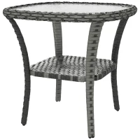 Outsunny Outdoor Coffee Table with Storage Shelf, Hand-Woven Wicker Side Table with Water-Ripple Glass Top, Mix Grey(m-2)