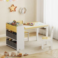Qaba Kids Desk and Chair Set with Paper Roll, Kids Activity Craft Table with Storage Shelves and Drawers, Natural Wood(m-2)