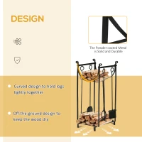 Outsunny Firewood Rack with Fireplace Tools, Outdoor Firewood Holder, 30.25" Tall Build with 2-Tiers, Black(m-6)
