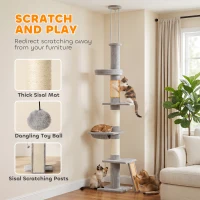 PawHut 90.6" -102.4" Floor-to-Ceiling Cat Tree Adjustable Height with 3-Rod Support, 5-Level Cat Tower, Light Gray(m-7)