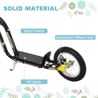 Aosom Youth Scooter Front and Rear Caliper Dual Brakes 12-Inch Inflatable Front Wheel Ride On Toy For Age 5+ - Black(m-6)