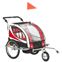 Aosom Foldable Bike Trailer for Kids, Toddler Carrier with 2 Seats, Safety Flag, Light Reflectors, & 5 Point Harness, Red(m-1)