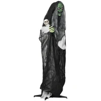 Outsunny 65" Life Size Outdoor Halloween Decorations Green Witch with Skull, Animated Prop Animatronic Décor with  Sound and Motion Activated, Light Up Eyes, Spooky Scream Sound(m-15)