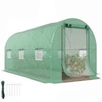Outsunny Hoop House Greenhouse, Walk-in Tunnel Greenhouse with 2 Support Rods, Zippered Roll-up Mesh Door, 14.6'x6.5'x6.6', Green(m-11)