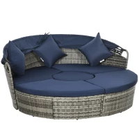 Outsunny 4 Pieces Outdoor Daybed with Retractable Canopy, PE Rattan Wicker Round Sofa Day Bed, Patio Sectional Conversation Furniture Set with Cushions and Pillows, Dark Blue(m-11)