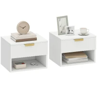HOMCOM Floating Nightstands, Wall Mounted Bedside Tables Set of 2 with Drawer and Open Shelf, White(m-10)