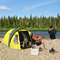 Outsunny 2-3 Person Camping Tent, Easy Set Up Dome Tent with Porch, Family Tent with Bedroom and Sewn-in Groundsheet, Yellow(m-8)