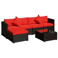 Outsunny 6 Piece Patio Furniture Set Outdoor Wicker Conversation Set All Weather PE Rattan Sectional Sofa Set with Ottoman, Cushions and Tempered Glass Table, Coffee and Red(m-1)