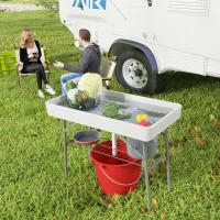 Outsunny 3.4ft Folding Ice Cooler Table with Drain, Fill and Chill Table Outdoor Table Cooler with Storage Shelf, Drink Cooler for Parties Picnic BBQ Camping Wedding, White(m-10)