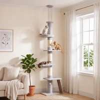 PawHut 90.6" -102.4" Floor-to-Ceiling Cat Tree Adjustable Height with 3-Rod Support, 5-Level Cat Tower, Light Gray(m-9)