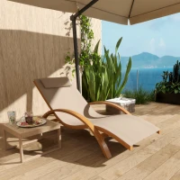 Outsunny Outdoor Wood Chaise Lounge Chair Recliner Patio Camping with Headrest, Teak & Light Khaki(m-7)