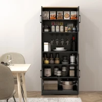 HOMCOM Farmhouse Kitchen Pantry, 68" Freestanding Hutch Storage Cabinet with Microwave Oven Countertop, Black(m-7)