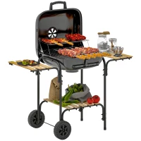 Outsunny Charcoal BBQ Grill, BBQ Grill with 1840 cm² Cooking Area, 3 Shelves, Adjustable Vent, Lockable Lid, Wheels, Black(m-9)